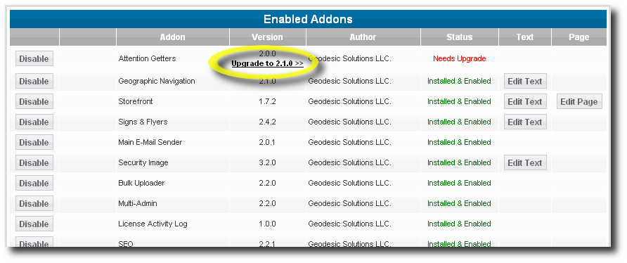 Admin update addons